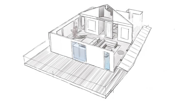 Axonométrica de cabana pré-fabricada