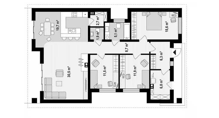 Planta de casa prefabricada de 120 metros quadrados.