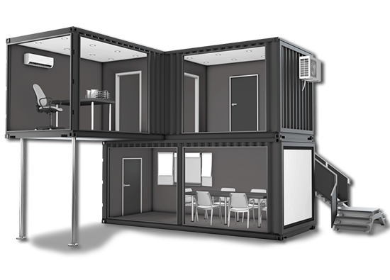 Renderização de uma casa prefabricada com containers de dois andares