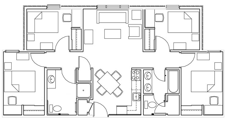 Plano de casa prefabricada de 4 dormitórios com 2 banheiros.