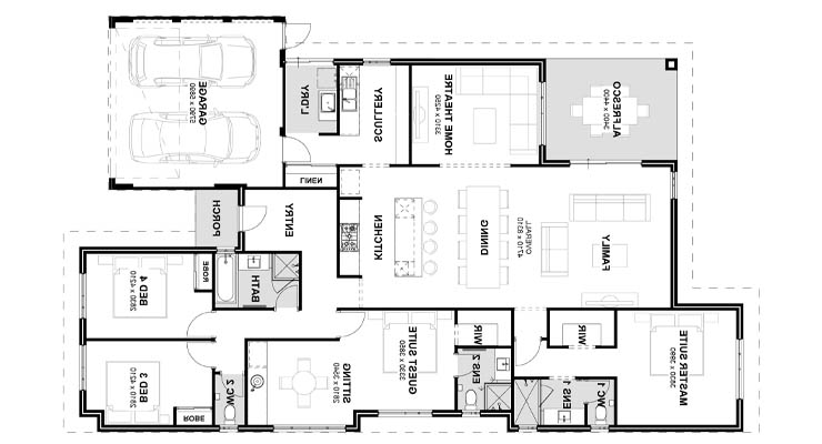 Plano de casa prefabricada de 4 dormitórios com 3 banheiros.